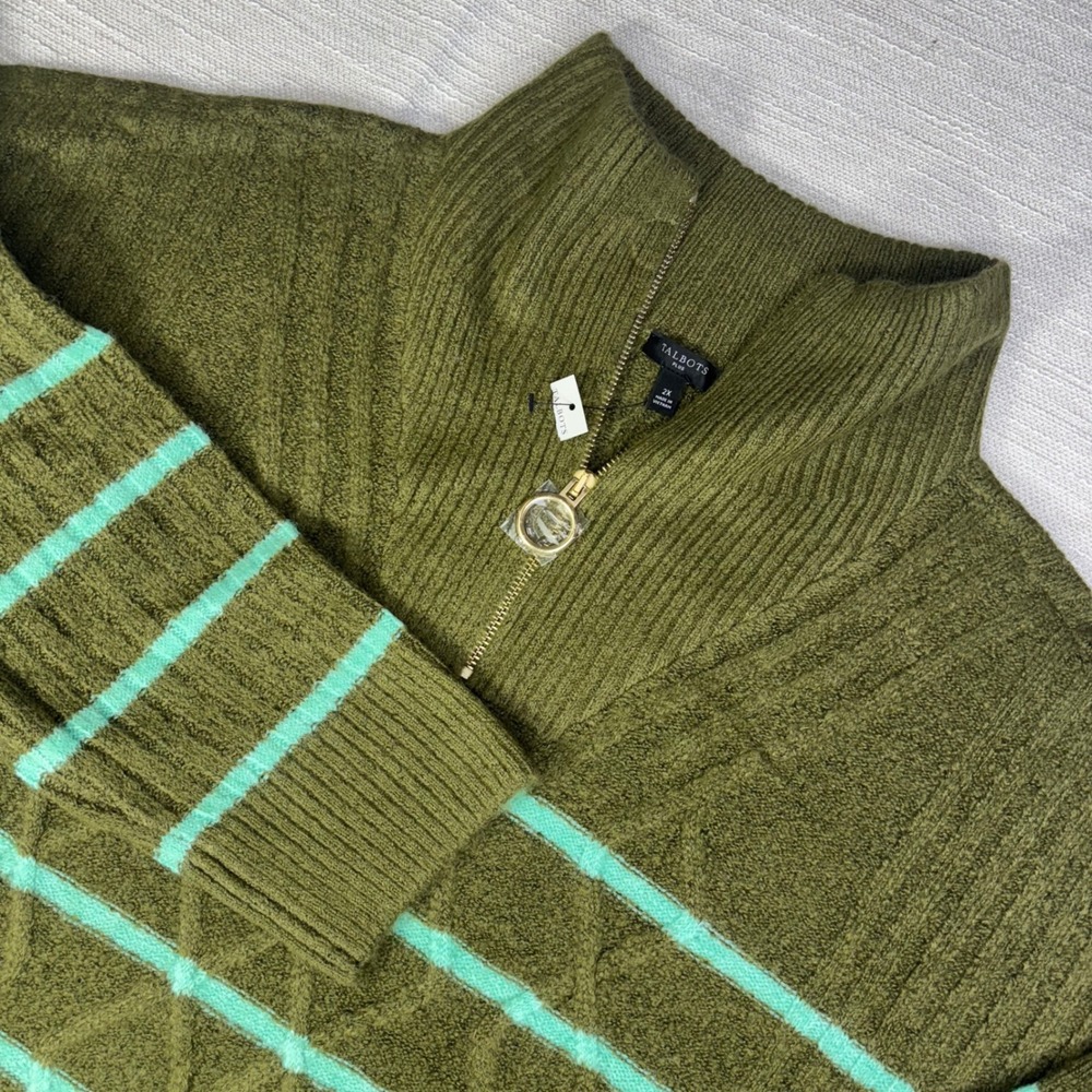 New Talbots Olive Green Mint Stripe Cable Knit Quarter Zip Pullover Sweater 2X